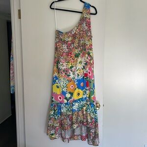 Colorful off shoulder one shoulder Anthropologie midi dress